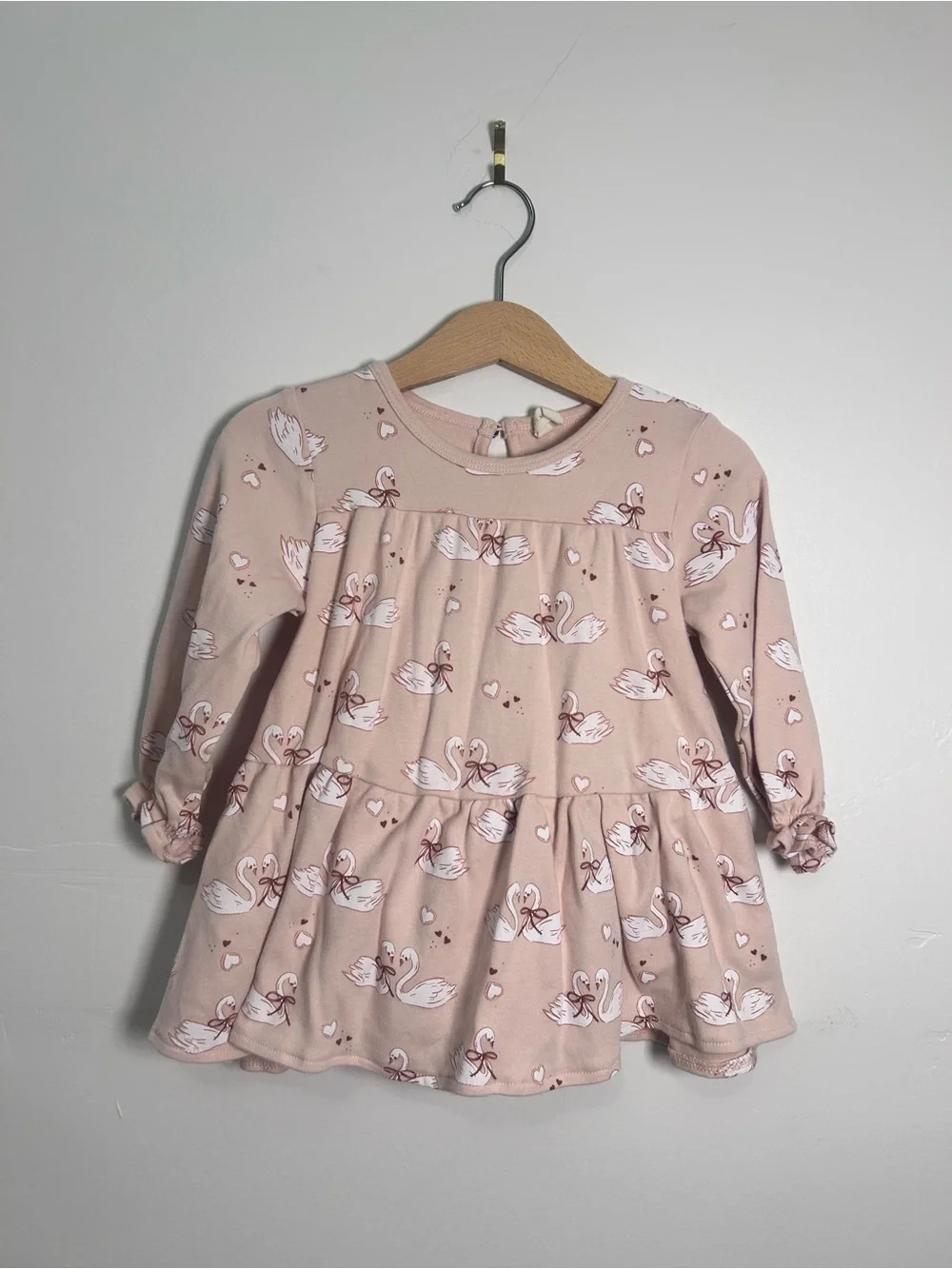 Quincy Mae Pink Swan Print Long-Sleeve Twirl dress with bloomers NWOT